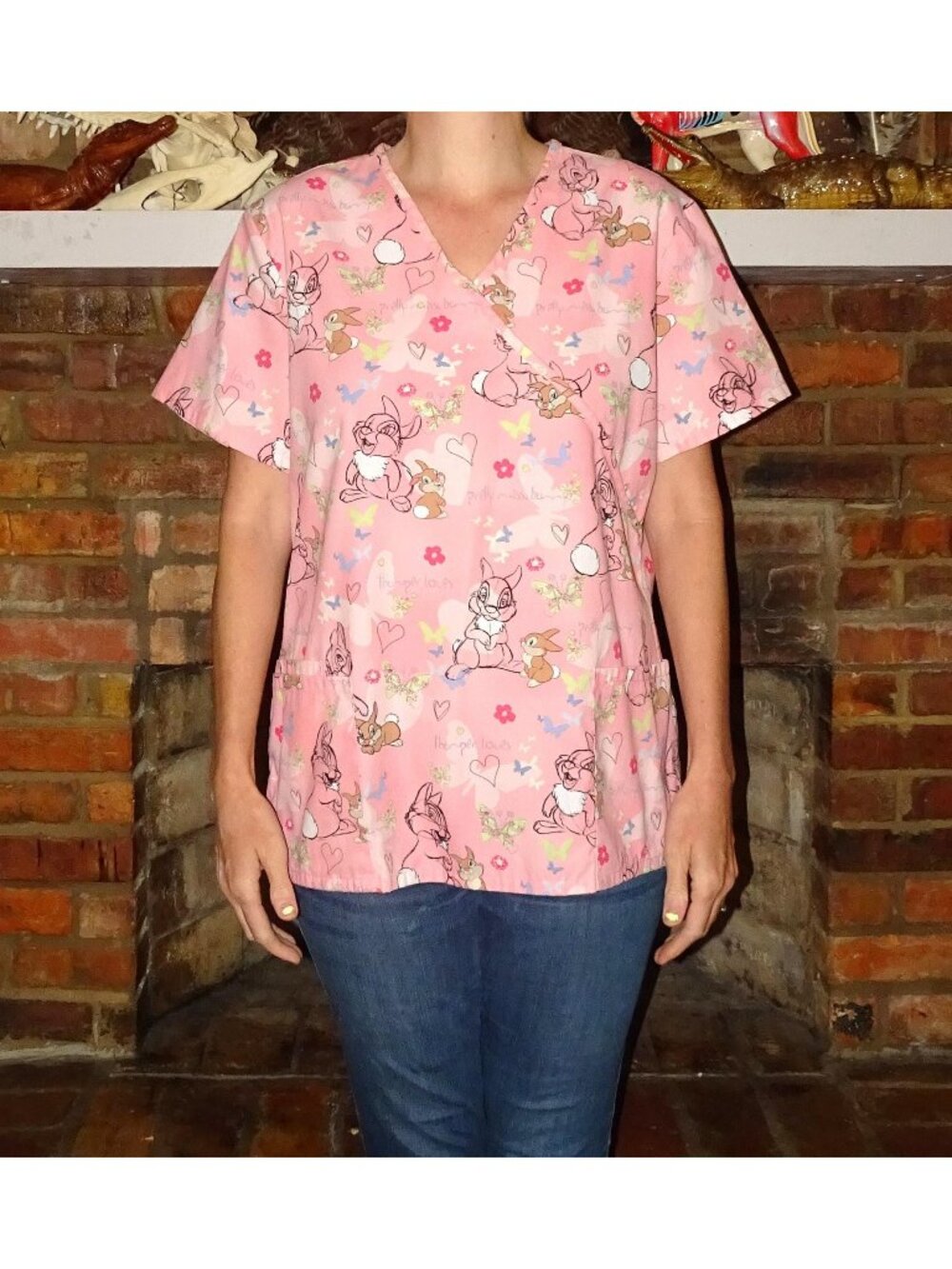 Vintage Disney Thumper Pink Scrub Top L Bambi medical scrubs